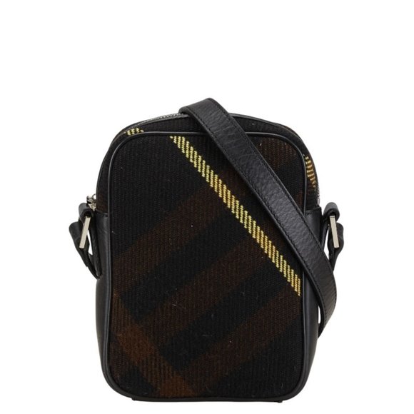 Burberry Check Shoulder Bag Black Brown Wool Leather Women's BURBERRY - Picture 1 of 8